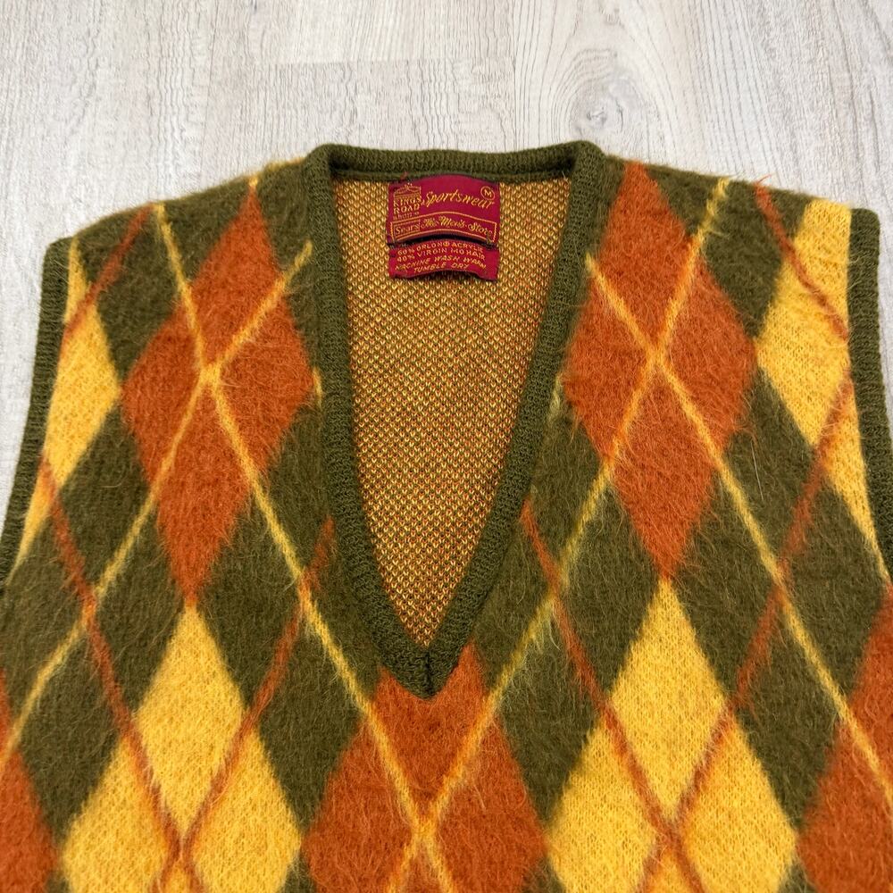 Vintage Sears Kings Road Sweater Vest Men's Medium 60s Argyle Mohair Kurt Cobain - Picture 3 of 7